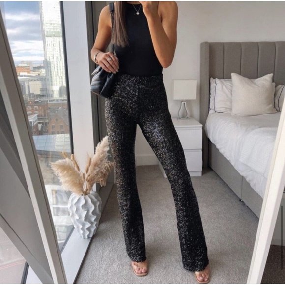 Zara Black and Silver Sequin Wide Leg Pants - Picture 5 of 14
